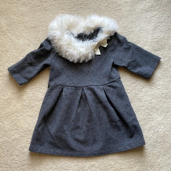 Janie and Jack Dress Festive Fox Dark Gray Charcoal Faux Fur Collar Bow Size 2T - Picture 1 of 9